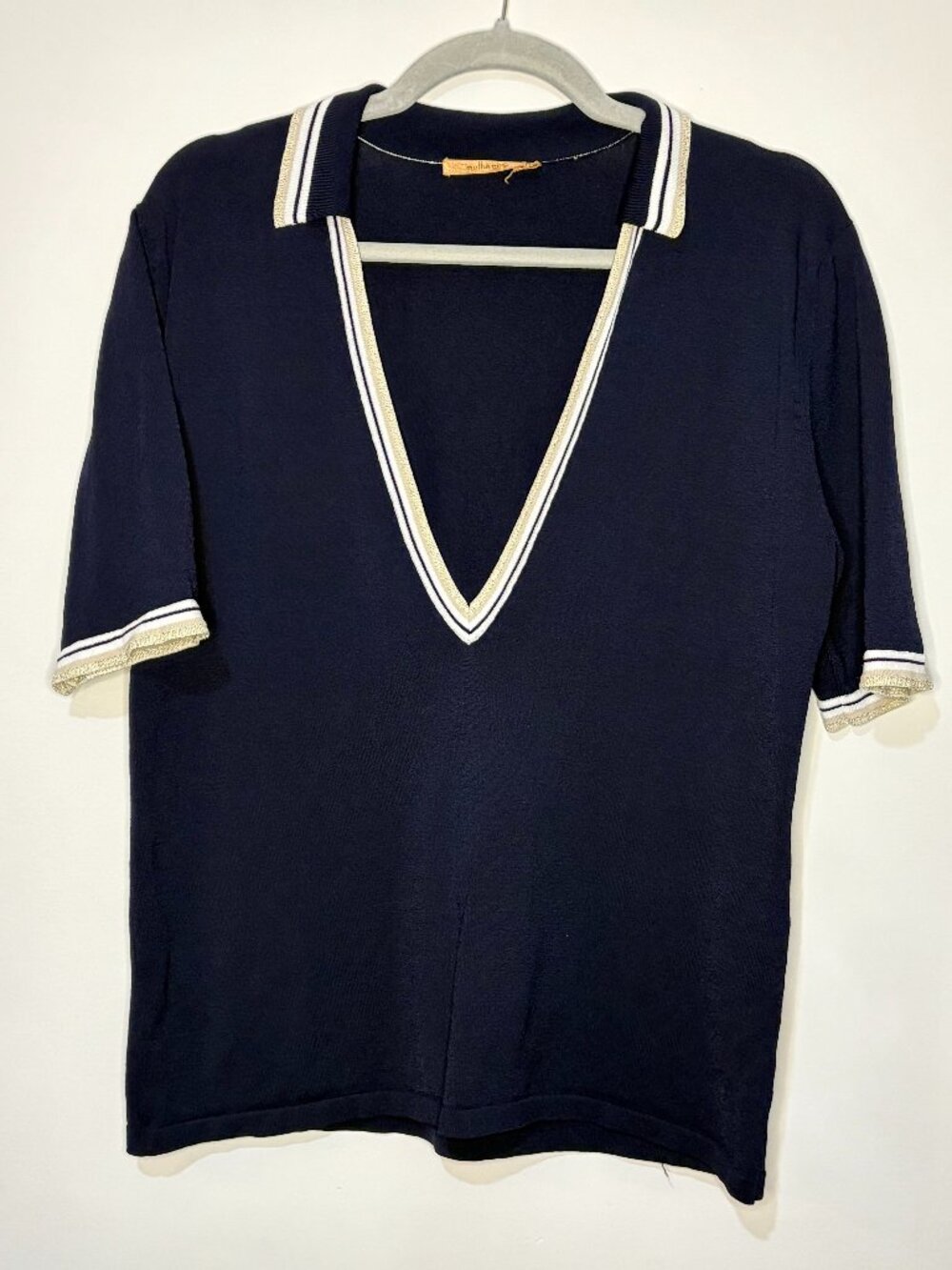 Mulberry Navy Blue V-Neck Short Sleeve Knit Polo, size XL
